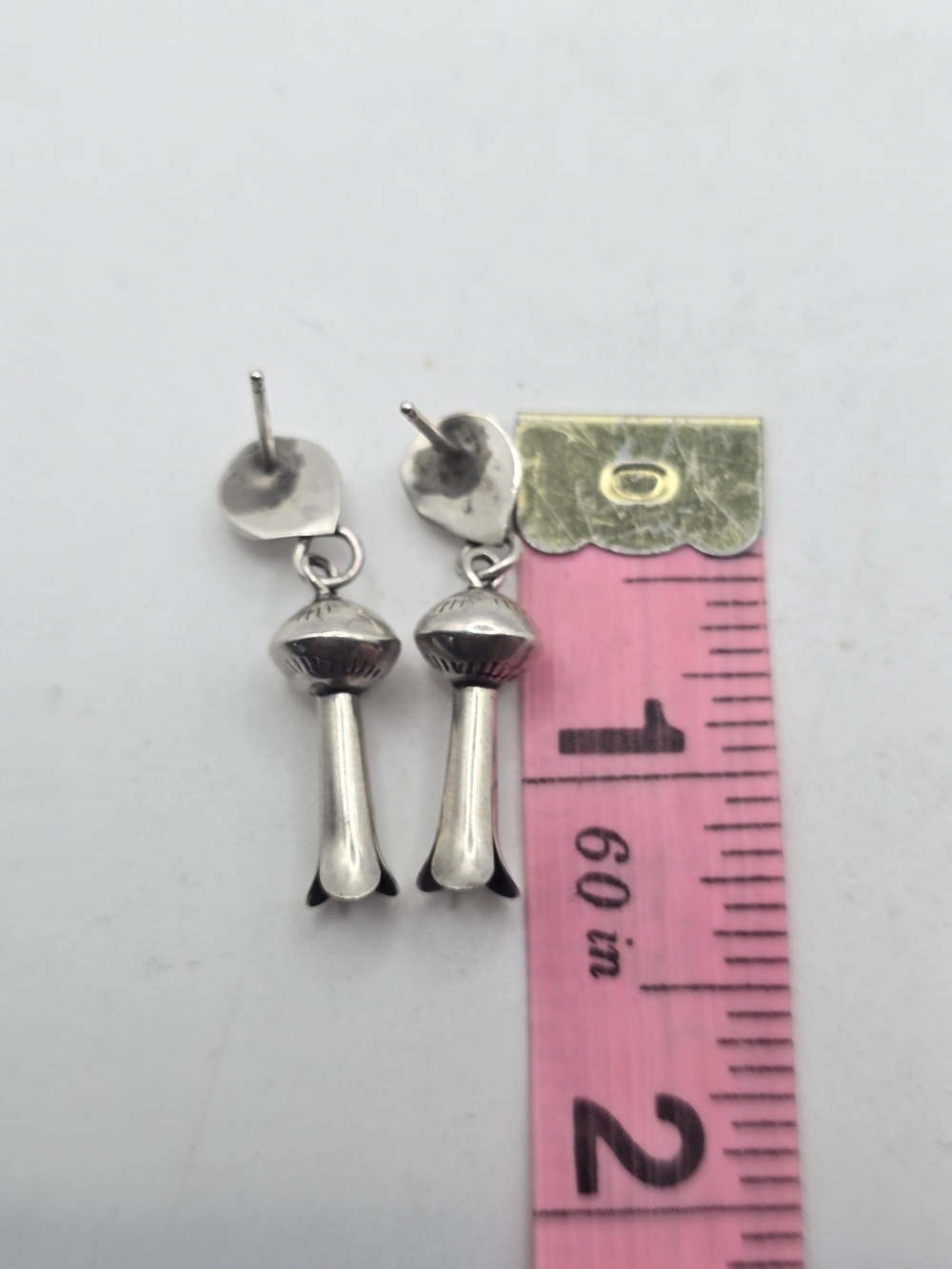 Vintage Navajo Sterling Silver Dangle Squash Blossom Earrings - Picture 4 of 5